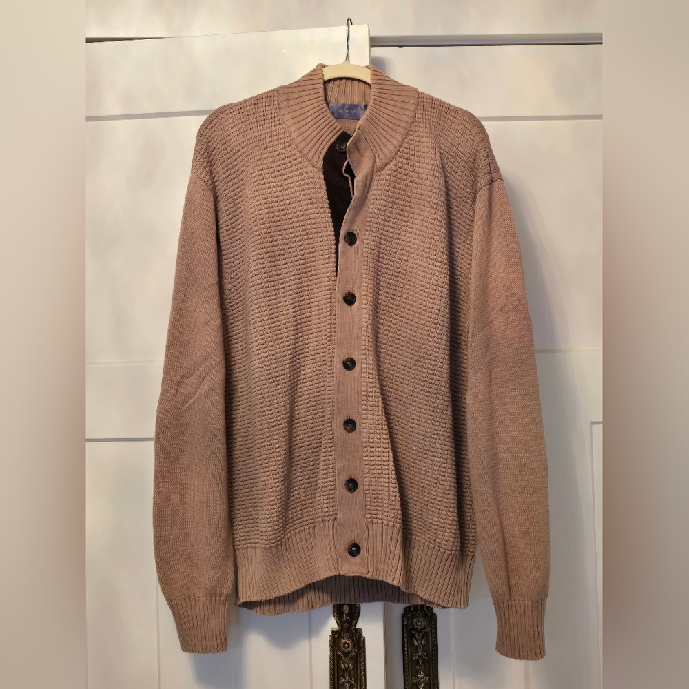 Oscar De La Renta Mens L Cardigan Sweater Button Up Tan/gray Cable Knit Prep XL